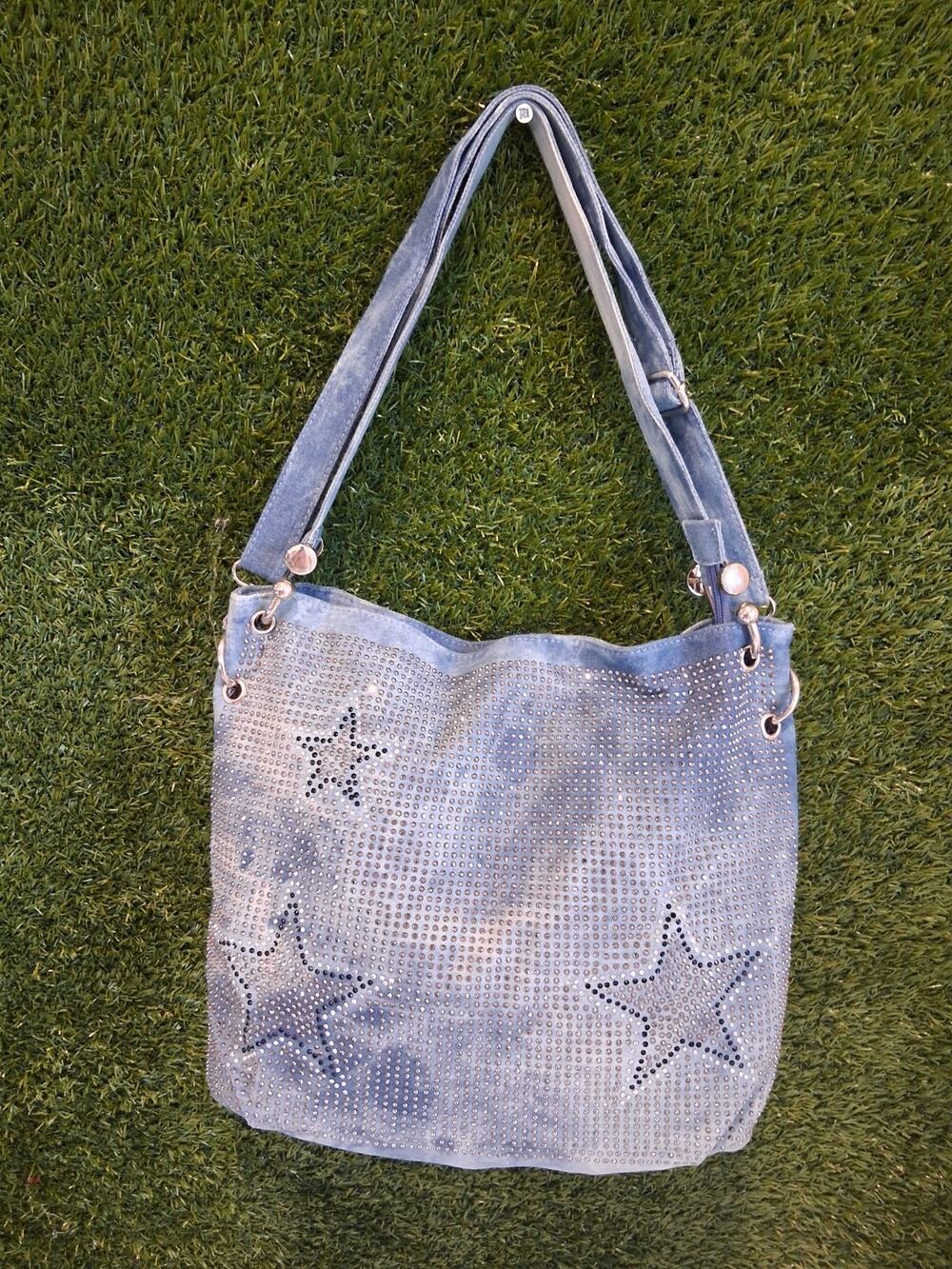 Y2K Denim Blue Acid Wash Rhinestone Star Shoulder Bag McBling Hobo Tote Tote Bag